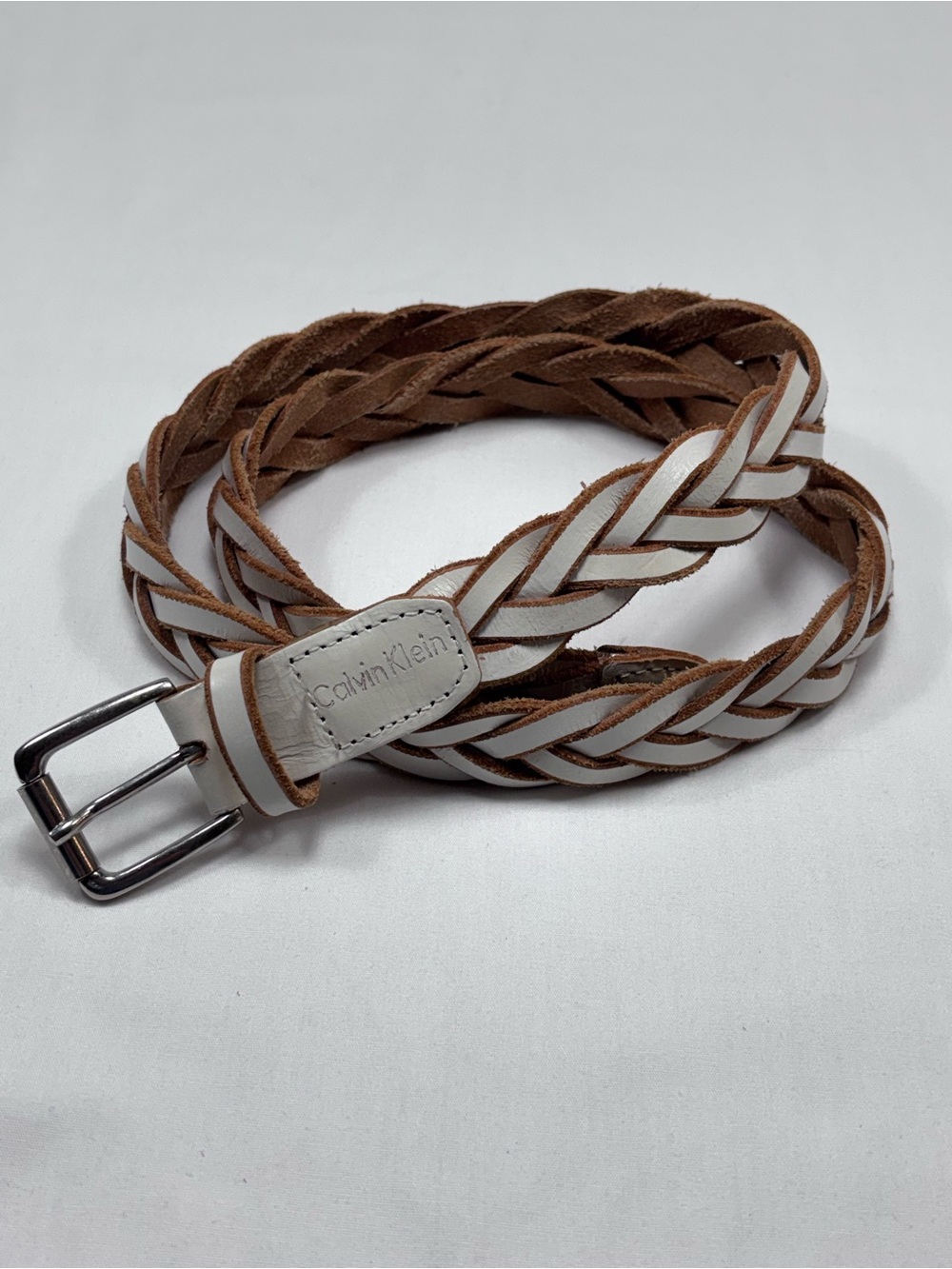Calvin Klein Braided Leather Belt White & Brown – Silver Buckle